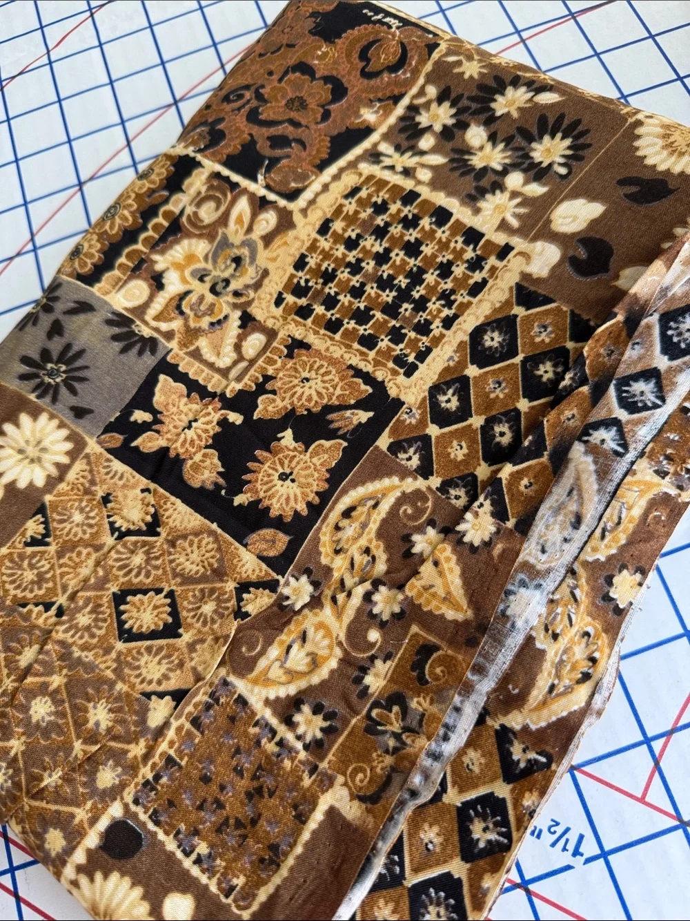 Vintage 1970s Patchwork Print Fabric Brown Floral Paisley 4+ Yards x 50